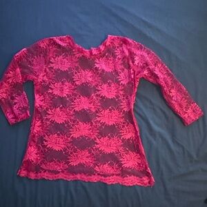 ✨ Vintage-Inspired Hot Pink Lace Top – Sheer Floral Blouse (Lg)